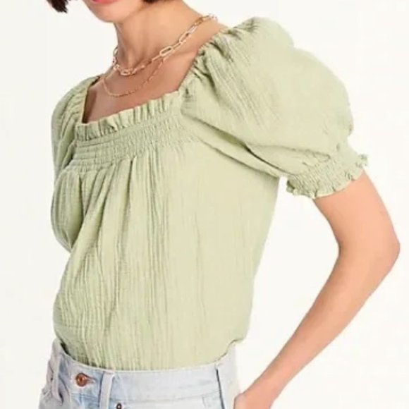 JCrew Puff Sleeve Gauze Linen Top, Sage, XS - Picture 1 of 4